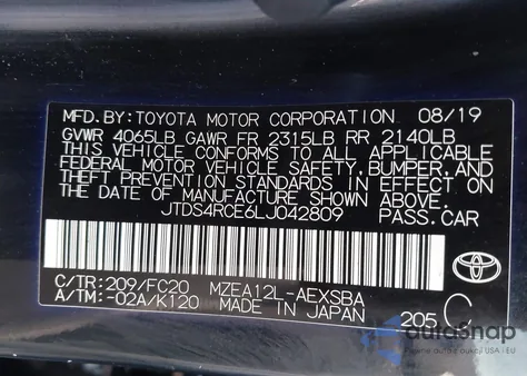 2020 Toyota Corolla Se из США, поврежденный, VIN JTDS4RCE6LJ042809